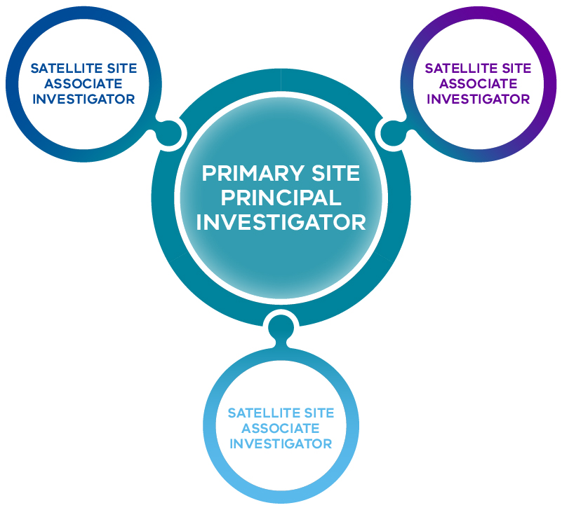 Hub-and-spoke diagram showing a research governance structure. A central teal circle labeled 'Primary Site Principal Investigator' connects to three smaller circles labeled 'Satellite Site Associate Investigator', positioned at upper left (dark blue), upper right (purple), and bottom (light blue), each linked to the central circle by a small connecting node.