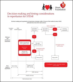 Diagram for the decision-making and organisation of reperfusion strategies for ST-Elevation Myocardial Infarction within 12 hours of first medical contact  with ideal time interval for interventions