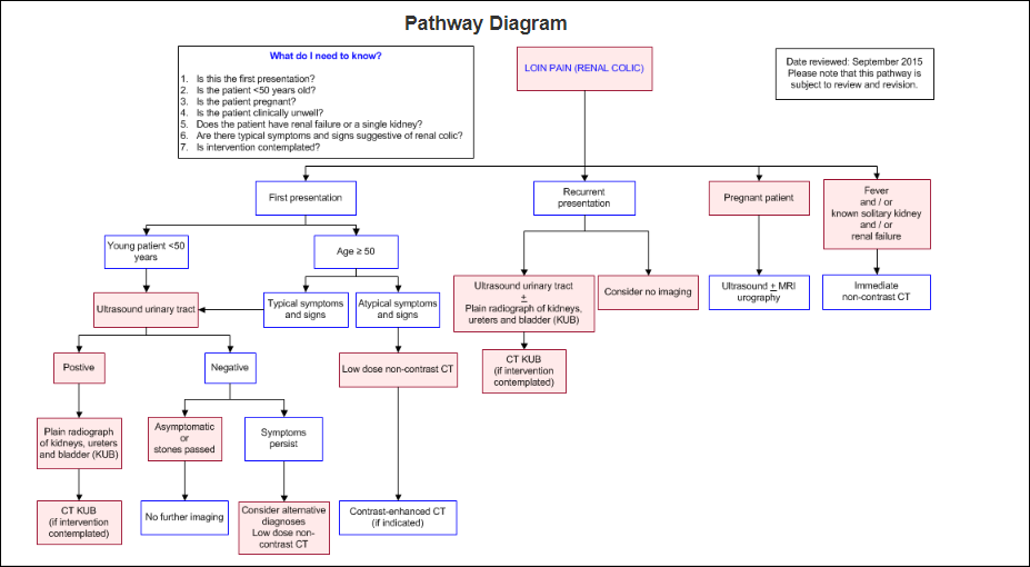 Flowchart providing guidance on the investigation of adult patients with renal colic